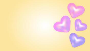 Pastel Pink Shiny Hearts on Light Yellow Background Illustration. Purple and Pink 3d objects on Blank Banner vector