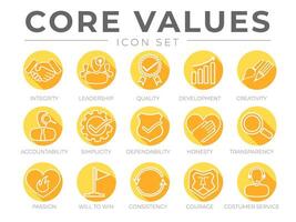 Company Core Values Round Flat Icon Set. Integrity, Leadership, Quality and Development, Creativity, Accountability, Simplicity, Dependability, Transparency, Courage and Customer Service Icons. vector