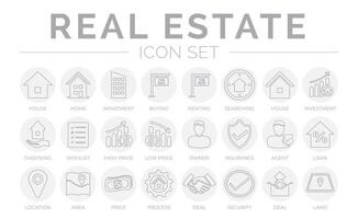Gray Outline Real Estate Round Icon Set of Home, House, Apartment, Buying, Renting, Searching, Investment, Choosing, Insurance, Agent, Loan, Location, Are, Price, Process, Deal, Land, Security, Icons. vector