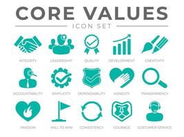 Company Core Values Icon Set. Integrity, Leadership, Quality and Development, Creativity, Accountability, Simplicity, Dependability, Honesty, Transparency, Passion vector