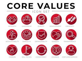 Company Core Values Red Round Flat Icon Set. Integrity, Leadership, Quality and Development, Creativity, Accountability, Simplicity, Dependability, Honesty, Transparency Icons. vector
