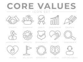 Company Core Values Outline Web Icon Set. Integrity, Leadership, Quality and Development, Creativity, Accountability, Simplicity, Dependability, Honesty, Win, Courage and Customer Service Icons. vector