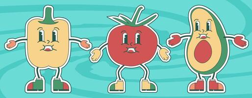 Groovy Cute Set of Paprika, Tomato and Avocado Characters Illustration vector