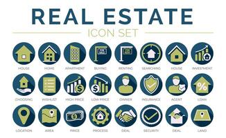 azul verde real inmuebles redondo icono conjunto de hogar, dueño, seguro, agente, préstamo, ubicación, son, precio, proceso, trato, tierra, seguridad, iconos vector