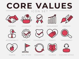 Core Values Retro Icon Set. Integrity, Leadership, Quality and Development, Creativity, Accountability, Simplicity, Dependability, Honesty, Consistency, Courage and Customer Service Icons. vector