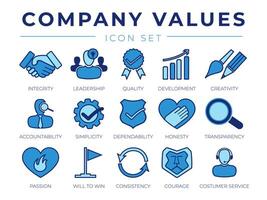 Core Values Retro Icon Set. Quality and Development, Creativity, Accountability, Simplicity, Dependability, Honesty, Transparency, Passion, Win, Consistency, Courage and Customer Service Icons. vector