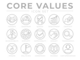 Company Core Values Round Outline Web Icon Set. Integrity, Leadership, Quality, implicity, Dependability, Honesty, Transparency, Passion, Will to win, Consistency, Courage and Customer Service Icons. vector