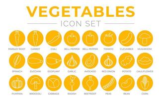 Outline Vegetables Round Yellow Icon Set of Parsey Root, Carrot, Chilli, Paprika, Pepper, Tomato, Cucumber, Mushroom, Spinach, Zucchini, Eggplant, Garlic, Pumpkin, Cabbage, Radish, Beetroot, Peas, Bea vector