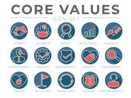 Company Core Values Round Flat Icon Set. Integrity, Leadership, Quality and Development, Creativity, Accountability, Simplicity, Dependability, Honesty, Transparency, Passion, Will to win Icons. vector