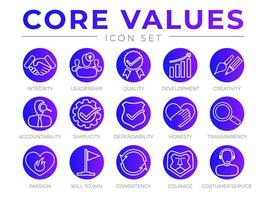 Company Core Values Round Outline Web Icon Set. Integrity, Leadership, Quality and Development, Dependability, Transparency, Passion, Will to win, Consistency, Courage and Customer Service Icons. vector