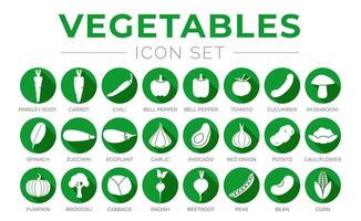 Green Vegetables Flat Round Icon Set of Parsey Root, Carrot, Chilli, Paprika, Pepper, Tomato, Cucumber, Mushroom, Garlic, Onion, Avocado, Cauliflower, Cabbage, Radish, Beetroot, Peas, Bean, C vector