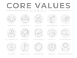 Company Core Values Round Outline Web Icon Set. Integrity, Leadership, Quality and Development, Creativity Honesty, Transparency, Passion, Will to win, Consistency, Courage and Customer Service Icons. vector