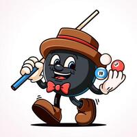 Billiard black ball carrying stick and ball, cartoon mascot vector