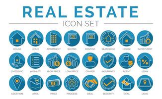 Blue Outline Real Estate Round Icon Set of Home, House, Apartment, Buying, Renting, Searching, Investment, Choosing, Wishlist, Low High Price, Owner, Insurance, Agent, Loan, Icons. vector