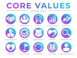 Neon Web Company Core Values Round Web Icon Set. Integrity, Leadership, Quality and Development, Creativity, Accountability, Simplicity, Dependability, Honesty, Customer Service Icons. vector