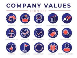 Company Core Values Round Flat Icon Set. Integrity, Leadership, Quality and Development, Creativity, Accountability, Simplicity, Dependability, Honesty, Transparency, Passion, Will to win, Icons. vector