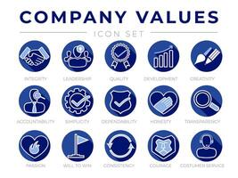 Blue Round Company Core Values Flat Icon Set. Integrity, Leadership, Quality and Development, Creativity, Accountability, Simplicity, Dependability, Transparency Icons. vector