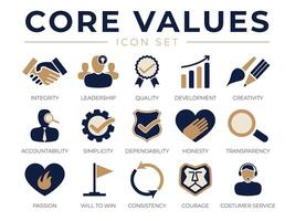 Company Core Values Icon Set. Integrity, Leadership, Quality and Development, Creativity, Accountability, Simplicity, Dependability, Passion, Consistency and Customer Service Icons. vector