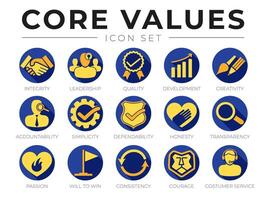 Company Core Values Round Web Icon Set. Integrity, Leadership, Development, Simplicity, Dependability, Honesty, Transparency, Passion, Will to win, Consistency, Courage and Customer Service Icons. vector