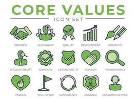 verde núcleo valores retro icono colocar. integridad, liderazgo, calidad y desarrollo, creatividad, responsabilidad, sencillez, confianza, honestidad, consistencia valor cliente Servicio iconos vector