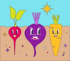 Groovy Cute Vegetable Set of Radish, Beetroot, Carrot Characters In the Soil Garden vector