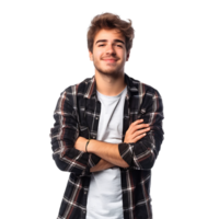 Satisfied young man with crossed arms gesture on isolated transparent background png