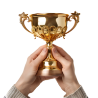 hands giving gold trophy on isolated transparent background png