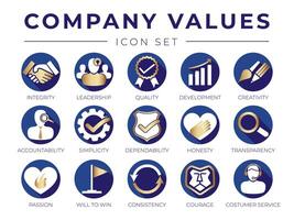 Gold Company Core Values Round Web Icon Set. Integrity, Leadership, Quality and Development, Creativity, Accountability Dependability Transparency, Passion, Consistency and Customer Service Icons. vector