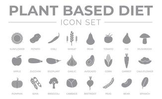 Colorful Plant Based Diet Gray Icon Set of Sunflower, Potato, Chilli, Wheat, Pear, Tomato, Fig, Mushroom, Apple, Zucchini, Eggplant, Garlic, Avocado, Corn, Carrot, Beetroot, Peas, Spinach Icons. vector