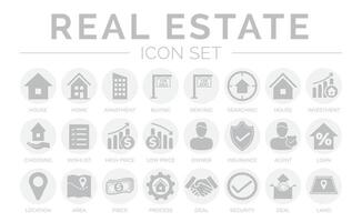 Gray Real Estate Round Icon Set of Home, House, Apartment, Buying, Renting, Price, Owner, Insurance, Agent, Loan, Location, Are, Price, Process, Deal, Land, Security, Icons. vector