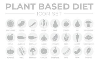 Gray Plant Based Diet Round Icon Set of Sunflower, Potato, Chilli, Wheat, Pear, Tomato, Fig, Apple, Avocado, Carrot, Cauliflower, Pumpkin, Soya, Broccoli, Cabbage, Beetroot, Peas, Bean, Spinach Icons. vector