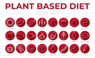 Flat Outline Plant Based Diet Round Red Icon Set of Sunflower, Potato, Chilli, Wheat, Pear, Tomato, Fig, Mushroom, Apple, Zucchini, Eggplant, Garlic, Avocado, Beetroot, Peas, Bean, Spinach Icons vector