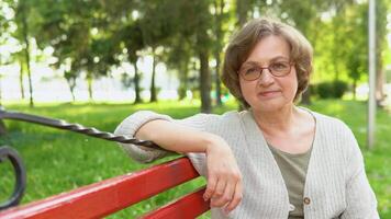 portrait de personnes âgées femme avec des lunettes souriant sur banc dans Publique ville parc. content blanc vieux Dame à la recherche à caméra video