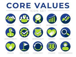 Green Blue Company Core Values Round Web Icon Set. Integrity, Leadership, Quality, Creativity, Accountability, Simplicity, Dependability, Transparency, Passion, Courage and Customer Service Icons. vector