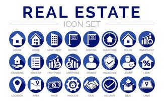 Blue Flat Real Estate Round Icon Set of Home, House, Apartment, Buying, Renting, Searching, Investment, Choosing, Wishlist, Low High Price, Owner, Insurance, Agent, Deal, Land, Security, Icons. vector