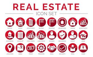 Red Flat Real Estate Round Icon Set of Home, House, Investment, Choosing, Wishlist, Low High Price, Owner, Insurance, Agent, Loan, Location, Are, Price, Process, Deal, Land, Security, Icons. vector
