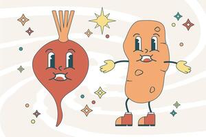 Groovy Cute Illustration of Beetroot and Potato Characters vector
