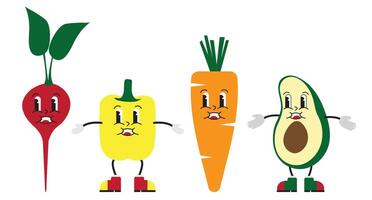 Groovy Cute Vegetable Set of Radish, Paprika, Carrot, Avocado Characters Isolated on White Background vector