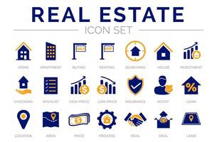 Blue Orange Real Estate Icon Set of Home, House, Apartment, Buying, Renting, Searching, Investment, Choosing, Wishlist, Low High Price, Owner, Insurance, Agent, Loan, Location, Area, Security, Icons. vector