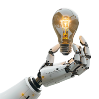 Ai robot hand holding lightbulb on isolated transparent background png