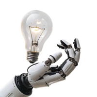 Ai robot hand holding lightbulb on isolated transparent background png