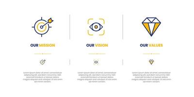 Mission, Vision and Values of company with text. Company infographic Banner template. Modern flat icon design. Abstract icon. Purpose business concept. Mission symbol illustration. vector