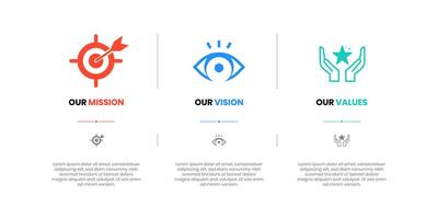 Mission, Vision and Values of company with text. Company infographic Banner template. Modern flat icon design. Abstract icon. Purpose business concept. Mission symbol illustration. vector