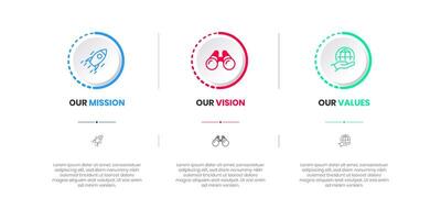 Mission, Vision and Values of company with text. Company infographic Banner template. Modern flat icon design. Abstract icon. Purpose business concept. Mission symbol illustration. vector