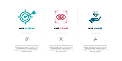 Mission, Vision and Values of company with text. Company infographic Banner template. Modern flat icon design. Abstract icon. Purpose business concept. Mission symbol illustration. vector