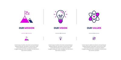 Mission, Vision and Values of company with text. Company infographic Banner template. Modern flat icon design. Abstract icon. Purpose business concept. Mission symbol illustration. vector