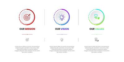 Mission, Vision and Values of company with text. Company infographic Banner template. Modern flat icon design. Abstract icon. Purpose business concept. Mission symbol illustration. vector