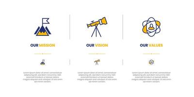 Mission, Vision and Values of company with text. Company infographic Banner template. Modern flat icon design. Abstract icon. Purpose business concept. Mission symbol illustration. vector