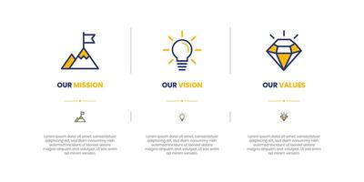 Mission, Vision and Values of company with text. Company infographic Banner template. Modern flat icon design. Abstract icon. Purpose business concept. Mission symbol illustration. vector