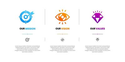 Mission, Vision and Values of company with text. Company infographic Banner template. Modern flat icon design. Abstract icon. Purpose business concept. Mission symbol illustration. vector